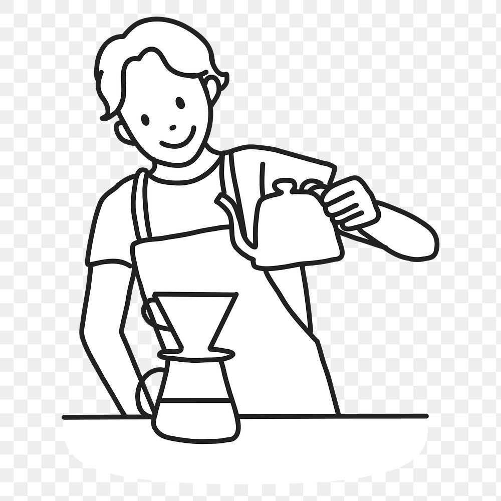 PNG Barista preparing manual drip coffee line art, collage element, transparent background