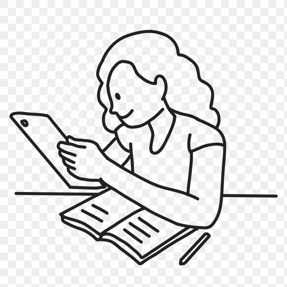 PNG Girl studying on tablet flat line sticker, transparent background
