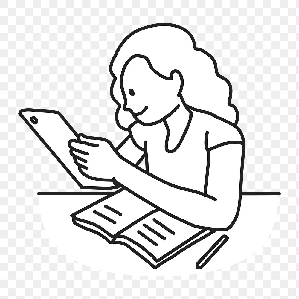 PNG Girl studying on tablet line drawing sticker, transparent background