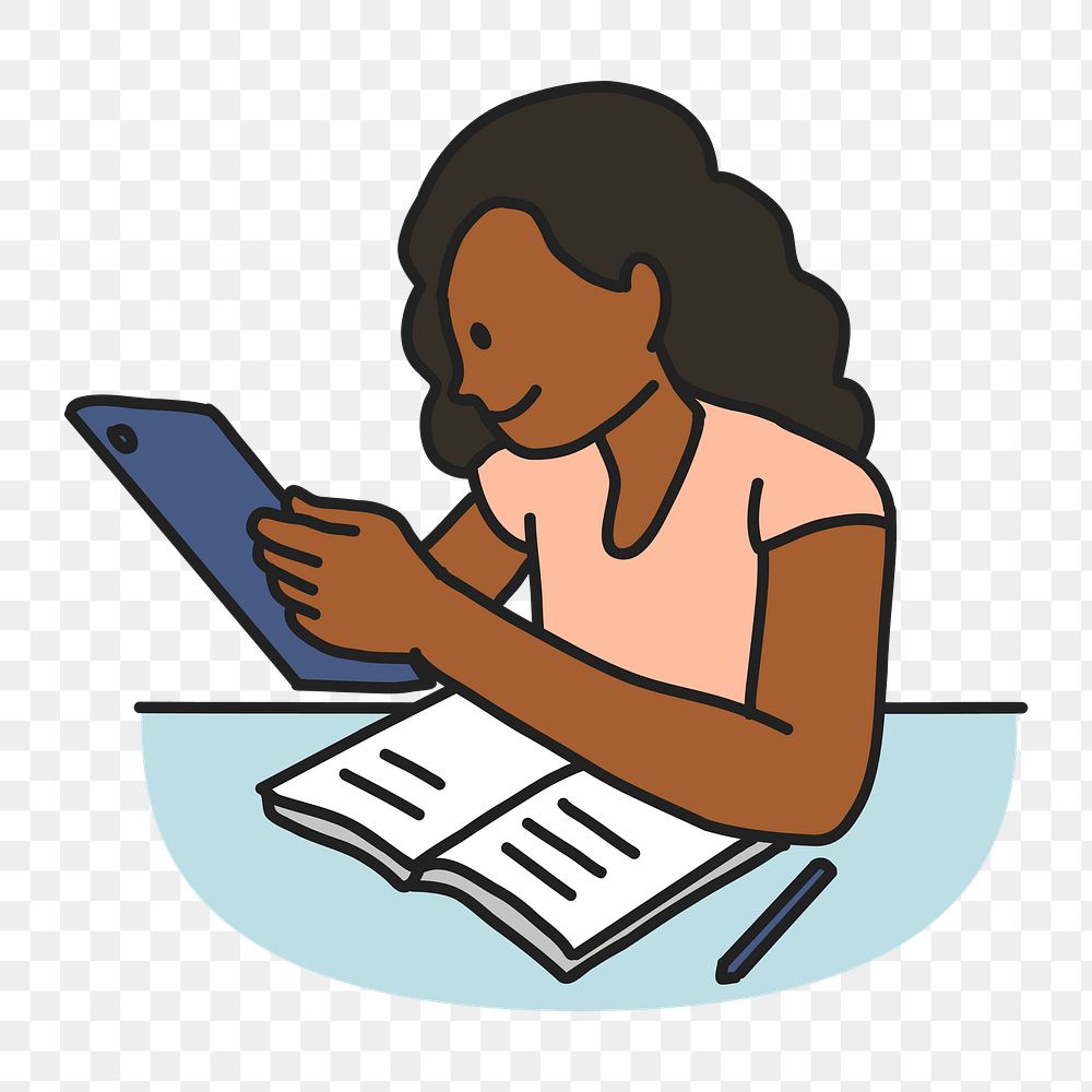PNG Girl studying on tablet, collage element, transparent background
