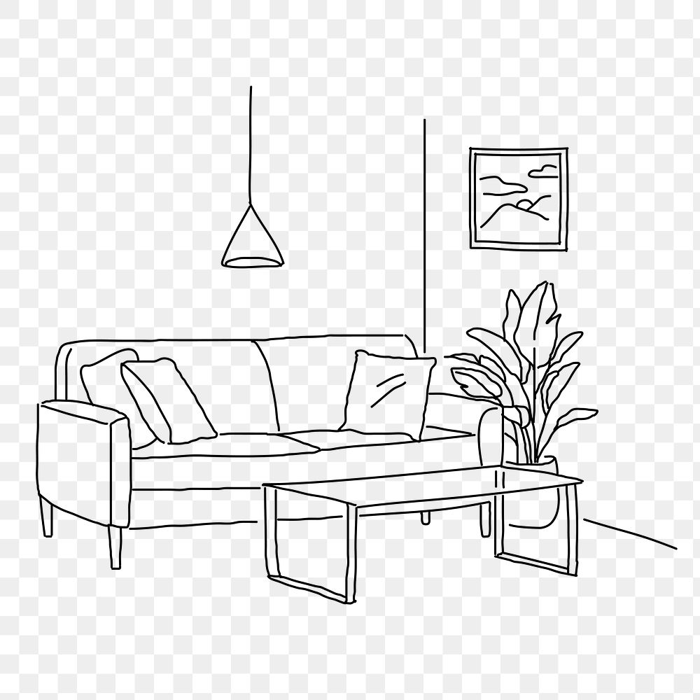 Living room interior png line art illustration, transparent background