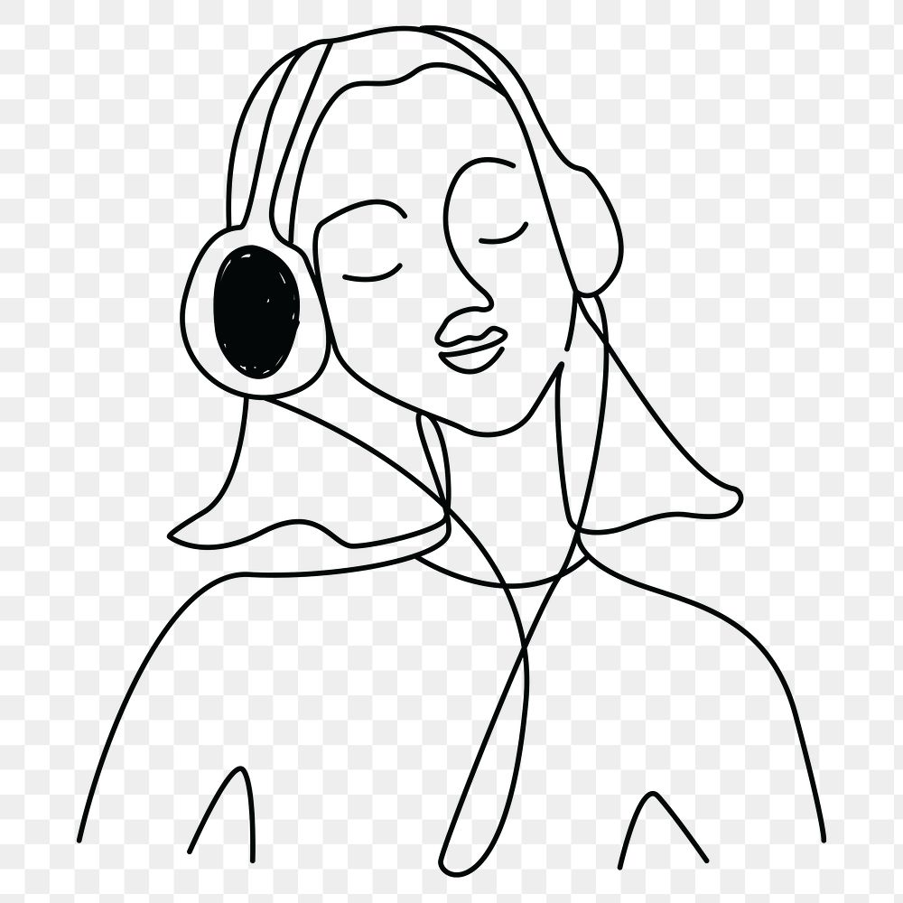 Woman line art png listening to music, transparent background