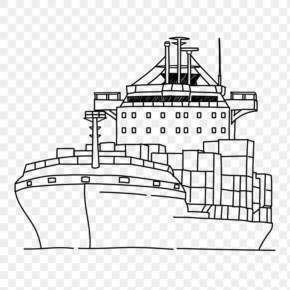 Cargo ship png, industry line art illustration, transparent background