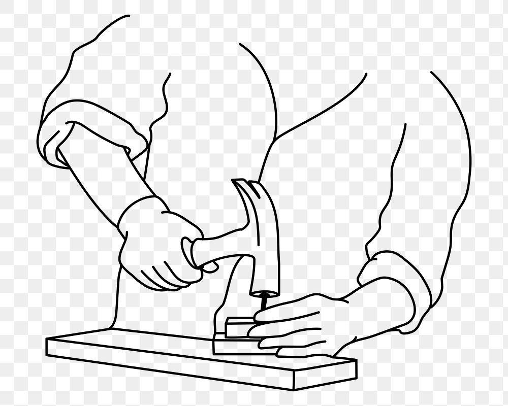 Carpenter using hammer png line art illustration, transparent background