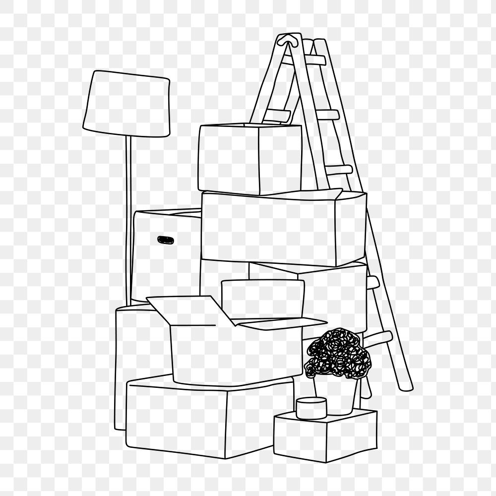 Stacked moving boxes png line art illustration, transparent background