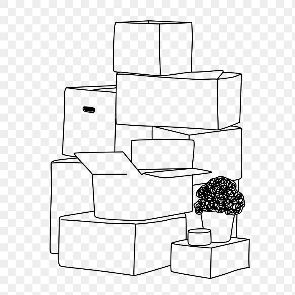 Stacked moving boxes png line art illustration, transparent background