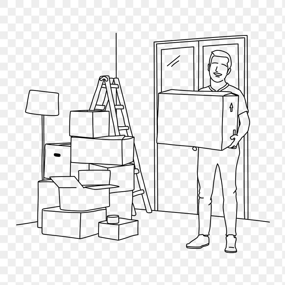 Man png carrying moving box line art illustration, transparent background