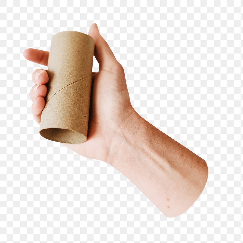 PNG hand holding an empty toilet paper roll, collage element, transparent background