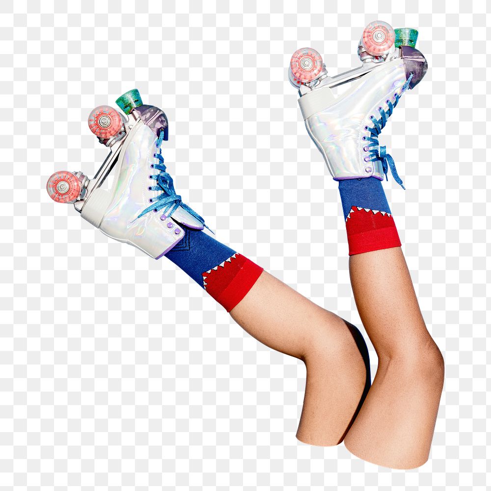 PNG Feminine legs in roller skates shoes design element, transparent background