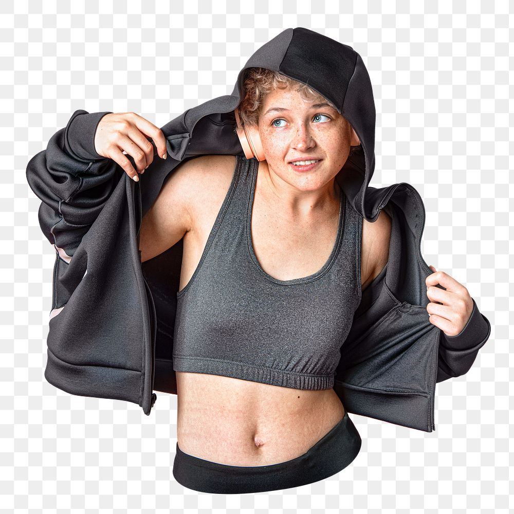PNG Girl in sports bra jacket listening to music, collage element, transparent background.