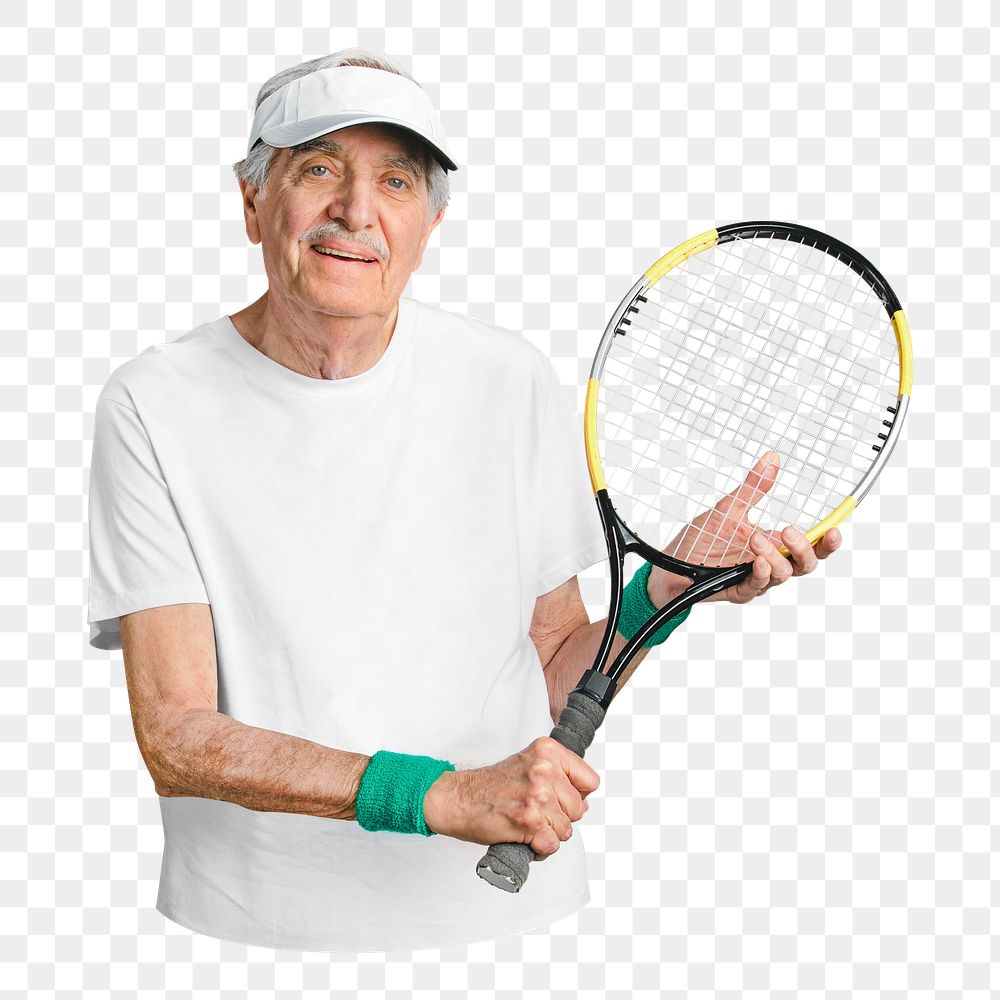 PNG Senior man holding tennis racket collage element, transparent background