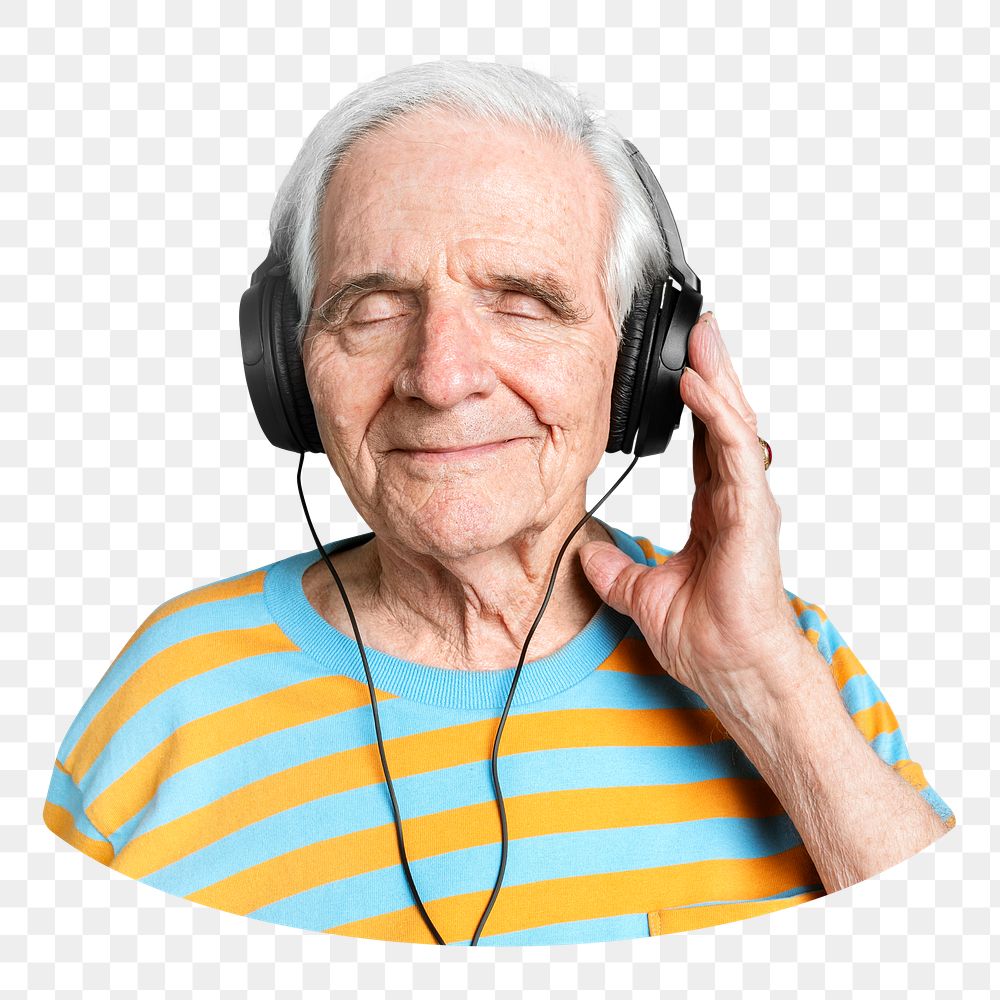 PNG Happy senior man listening to music with headphones collage element, transparent background