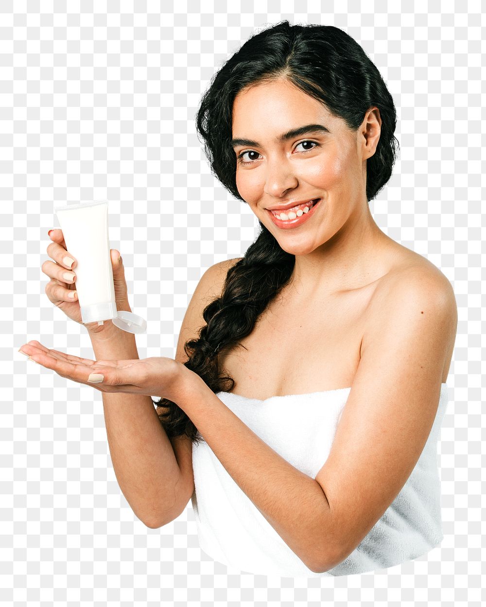 PNG Beautiful woman holding a skin care product, collage element, transparent background