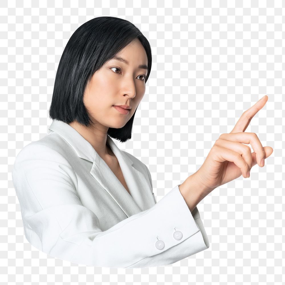 Asian businesswoman png touching virtual screen on transparent background