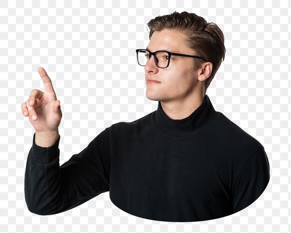 Png man pointing out image on transparent background