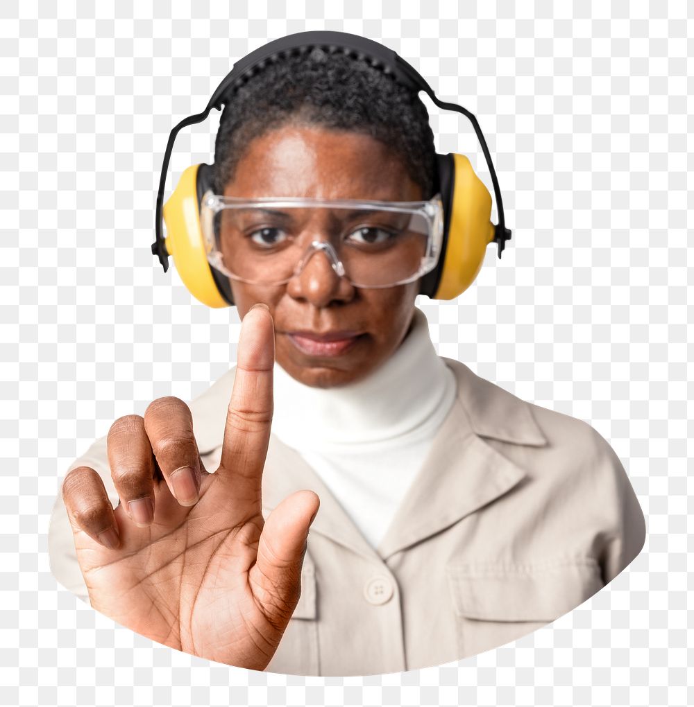 PNG Civil engineer with safety glasses and earmuffs collage element, transparent background