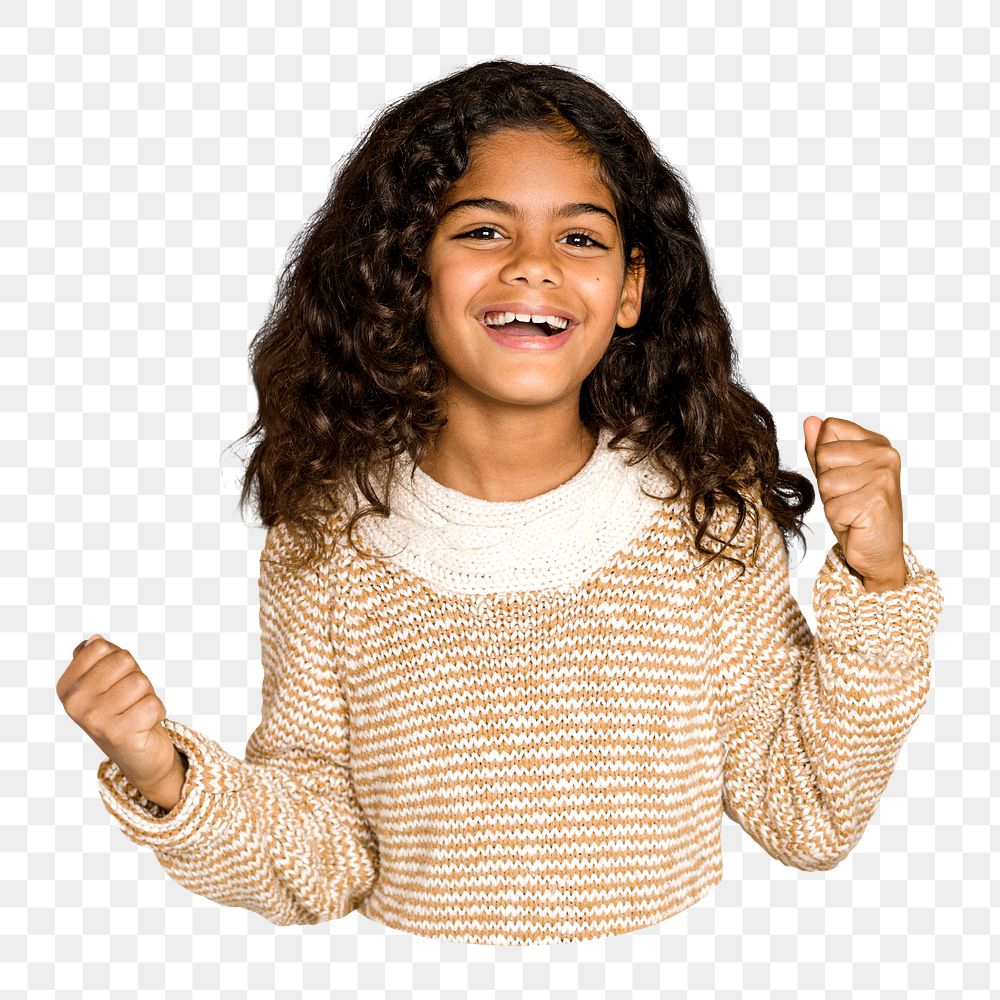 Png celebrating kid, African girl image on transparent background