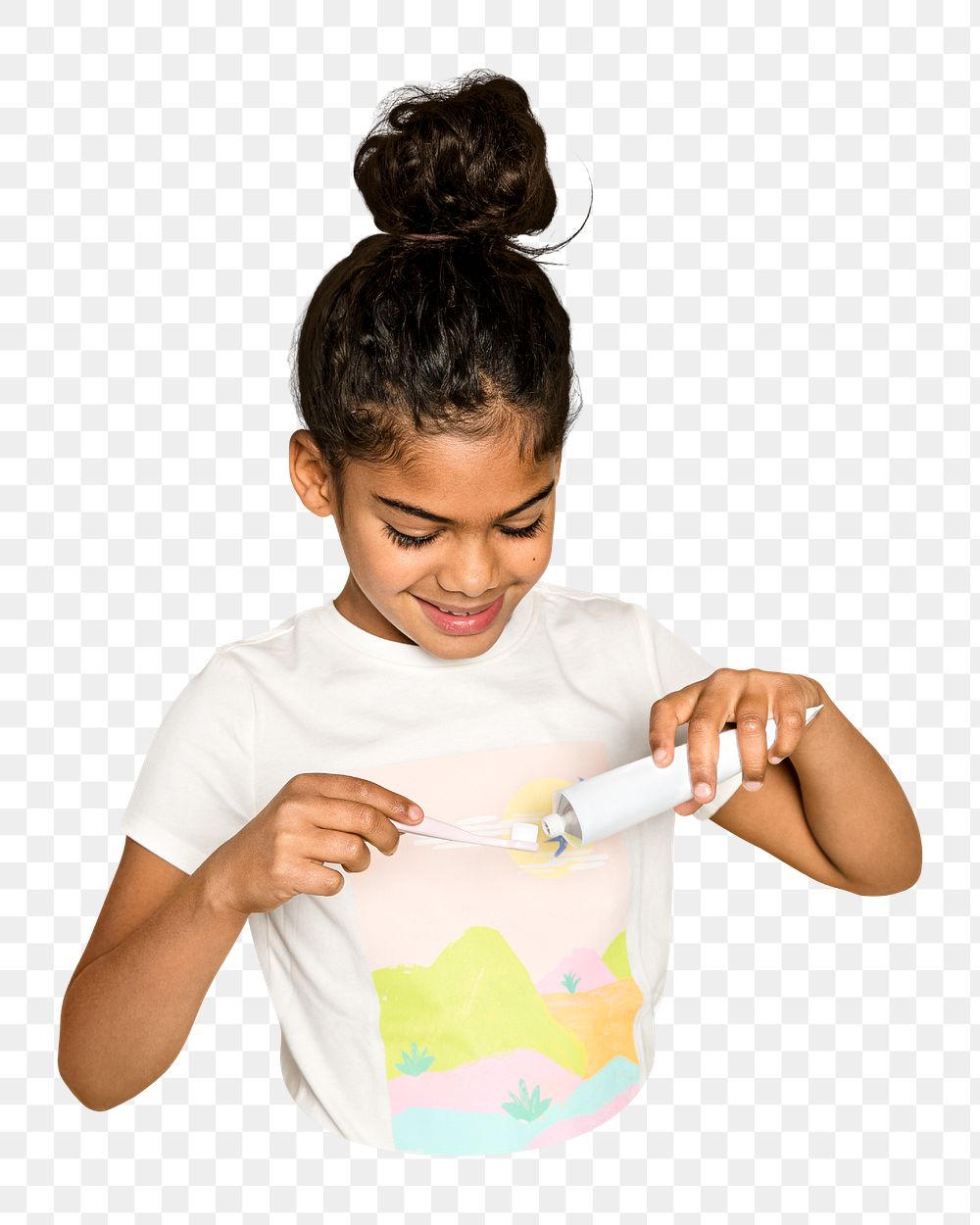 Png girl brushing teeth, health image on transparent background