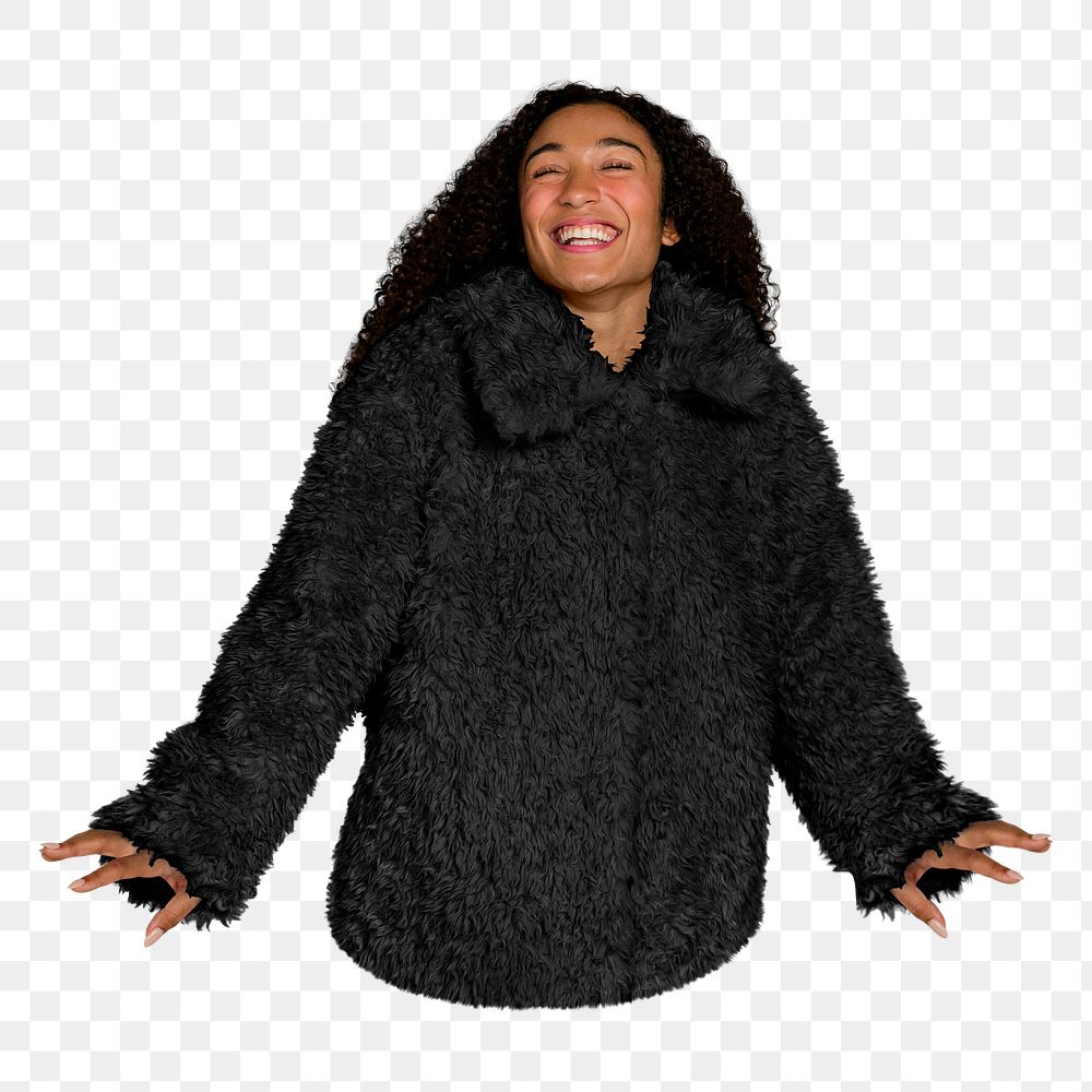 Png happy woman wearing coat image, transparent background