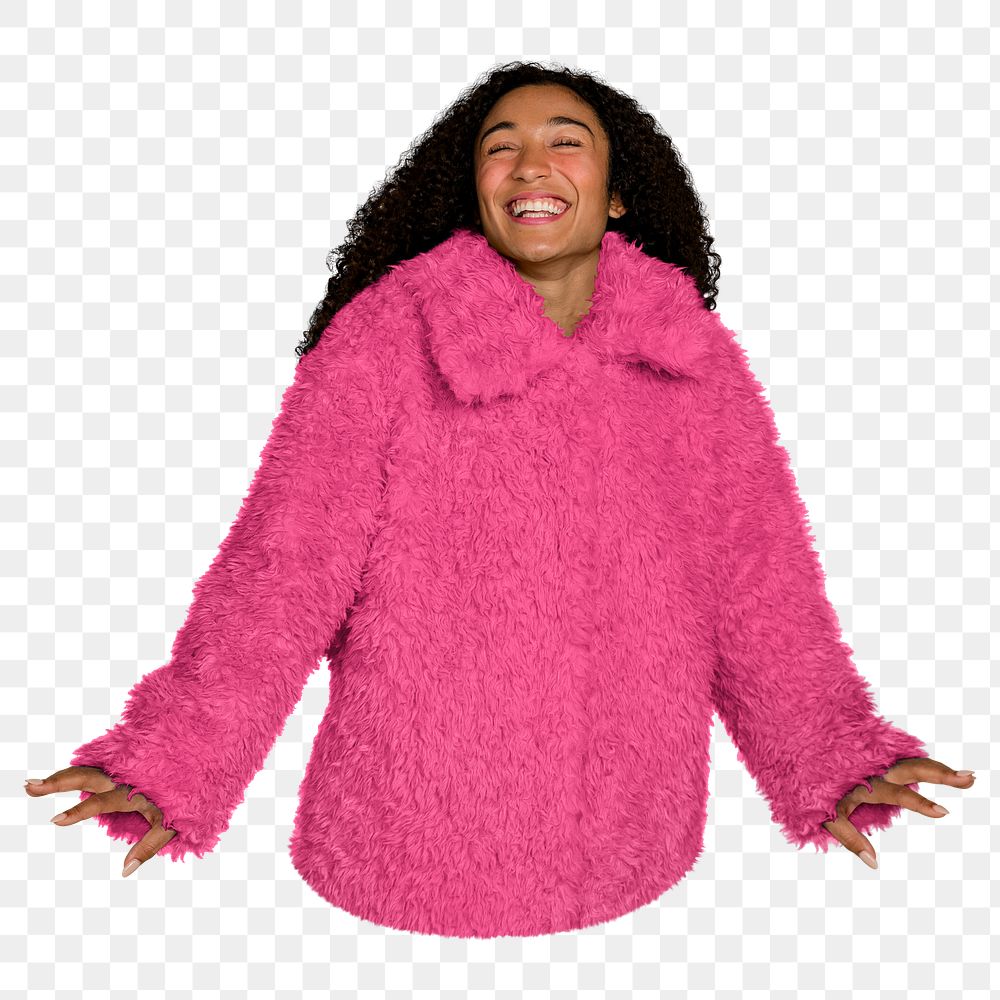 Png woman in pink coat image, transparent background