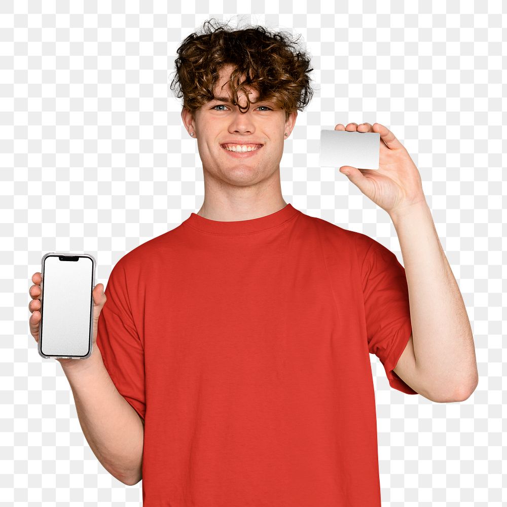 Png man holding phone & card, transparent background