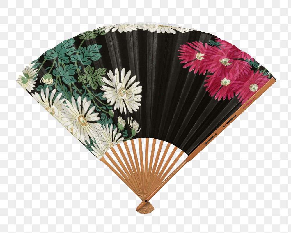 Hand fan png aesthetic Ohara Koson flower pattern, transparent background. Remixed by rawpixel.