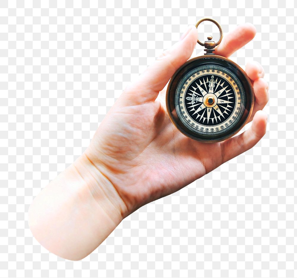 Hand holding compass png, transparent background