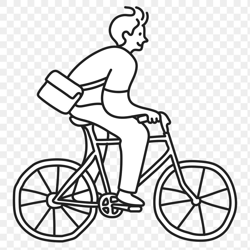 PNG Man riding bicycle flat line sticker, transparent background