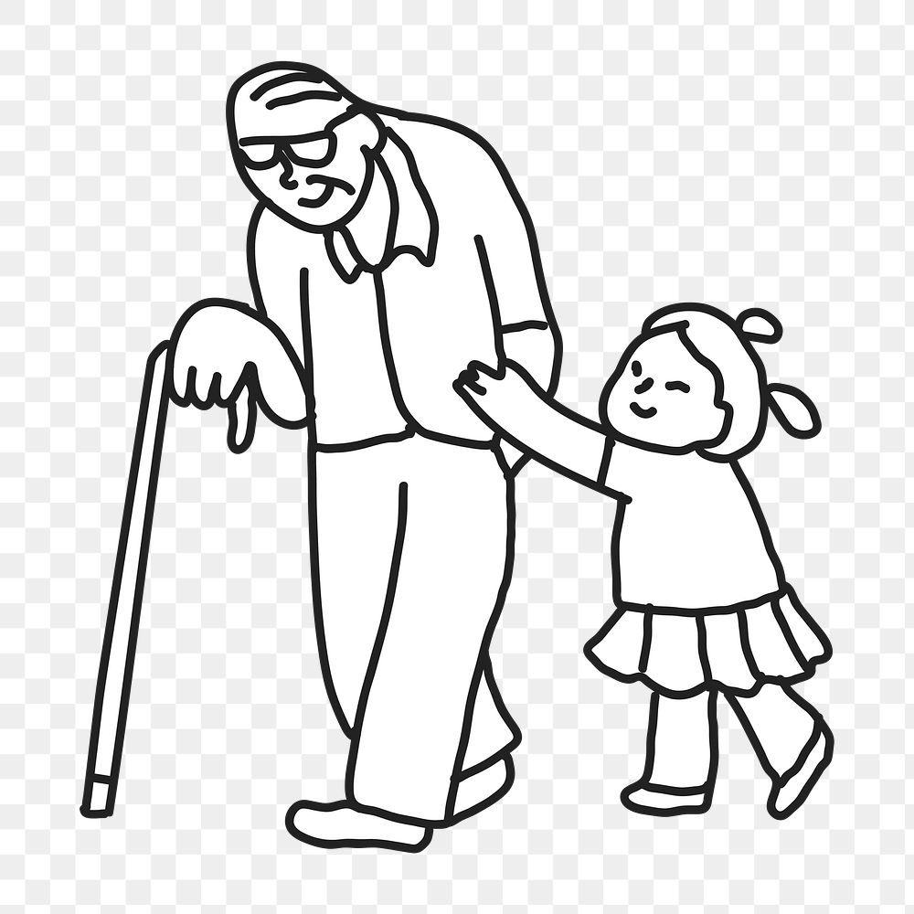 PNG Grandfather little girl walking line drawing sticker, transparent background