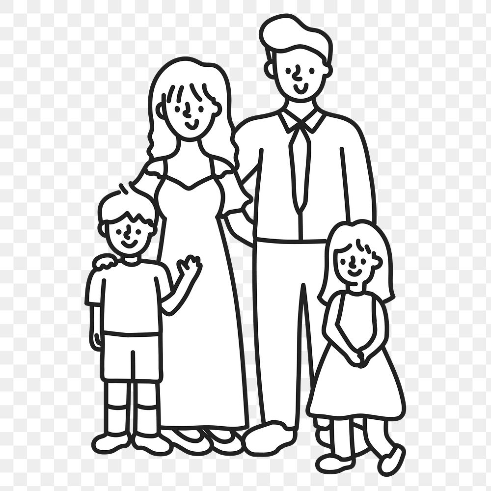 PNG Family mom dad son daughter line drawing, collage element, transparent background