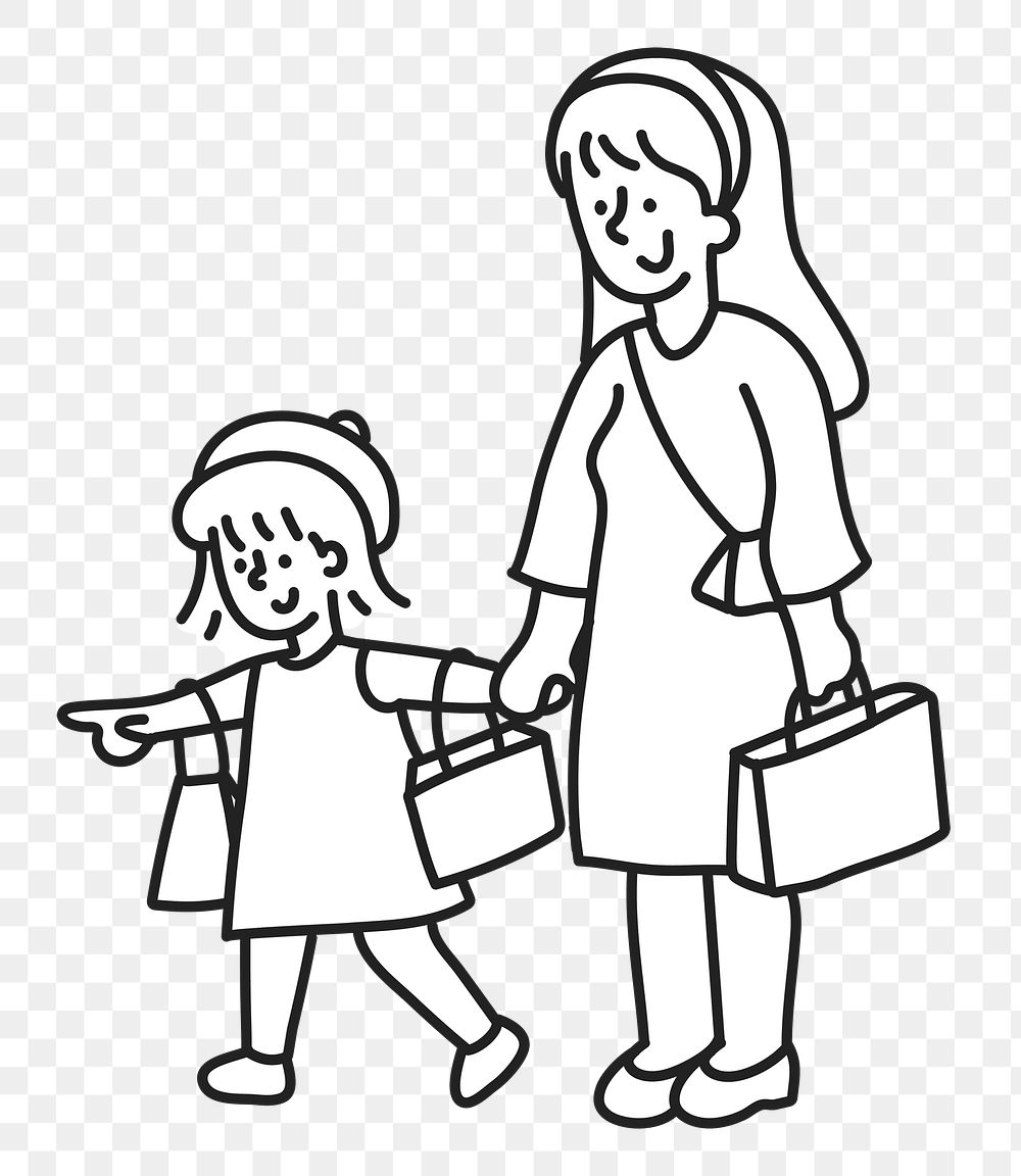 PNG Mom daughter shopping line drawing sticker, transparent background