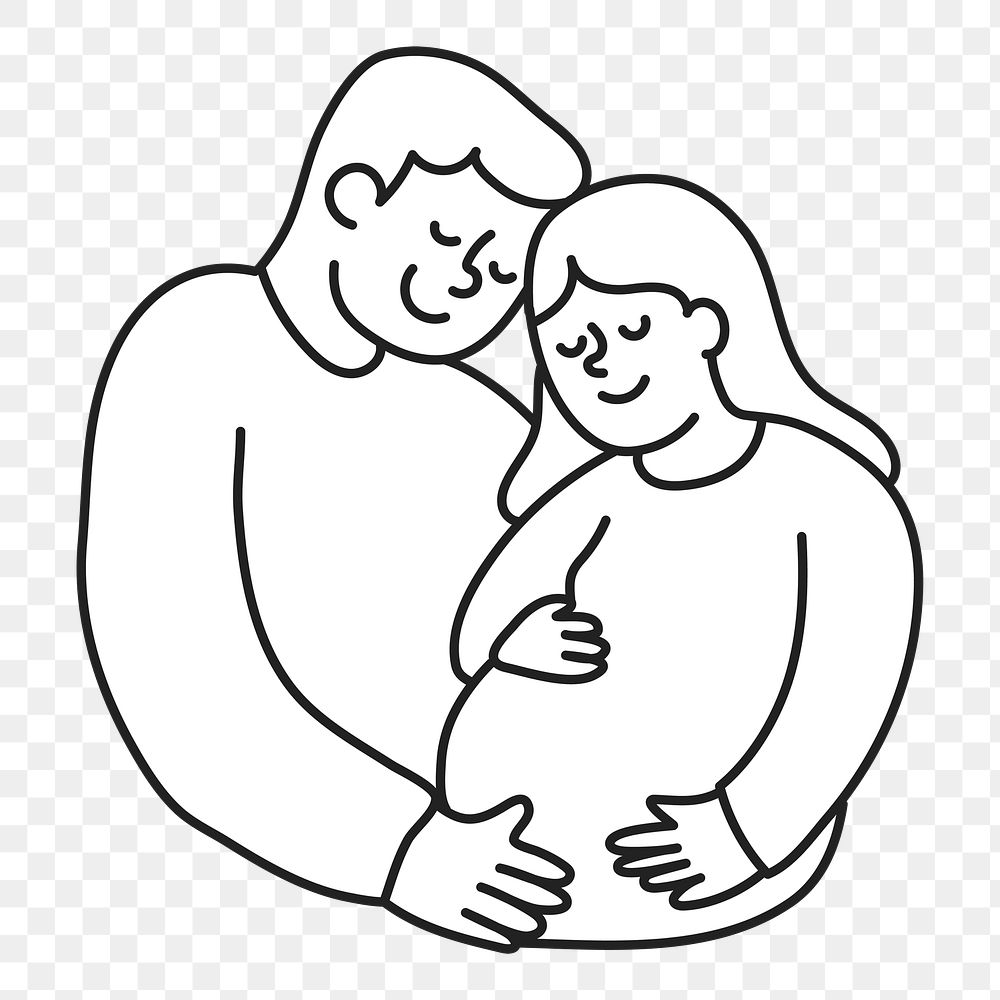 PNG Pregnant woman with husband line drawing sticker, transparent background
