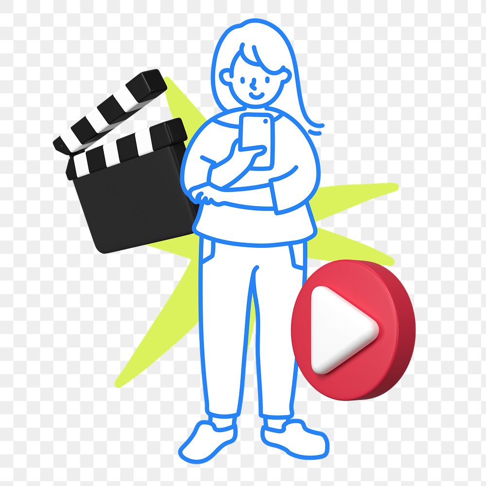 Doodle woman watching video png, transparent background