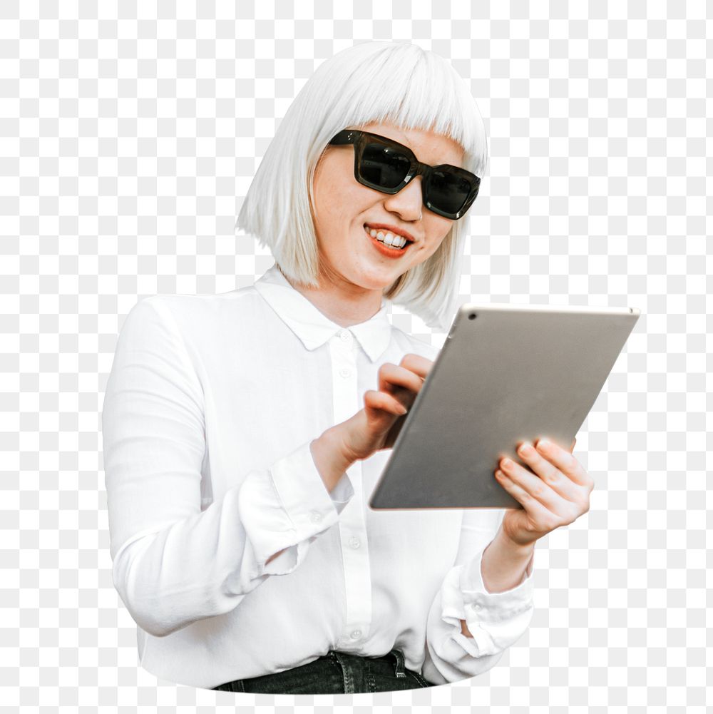 Businesswoman using tablet png, transparent background