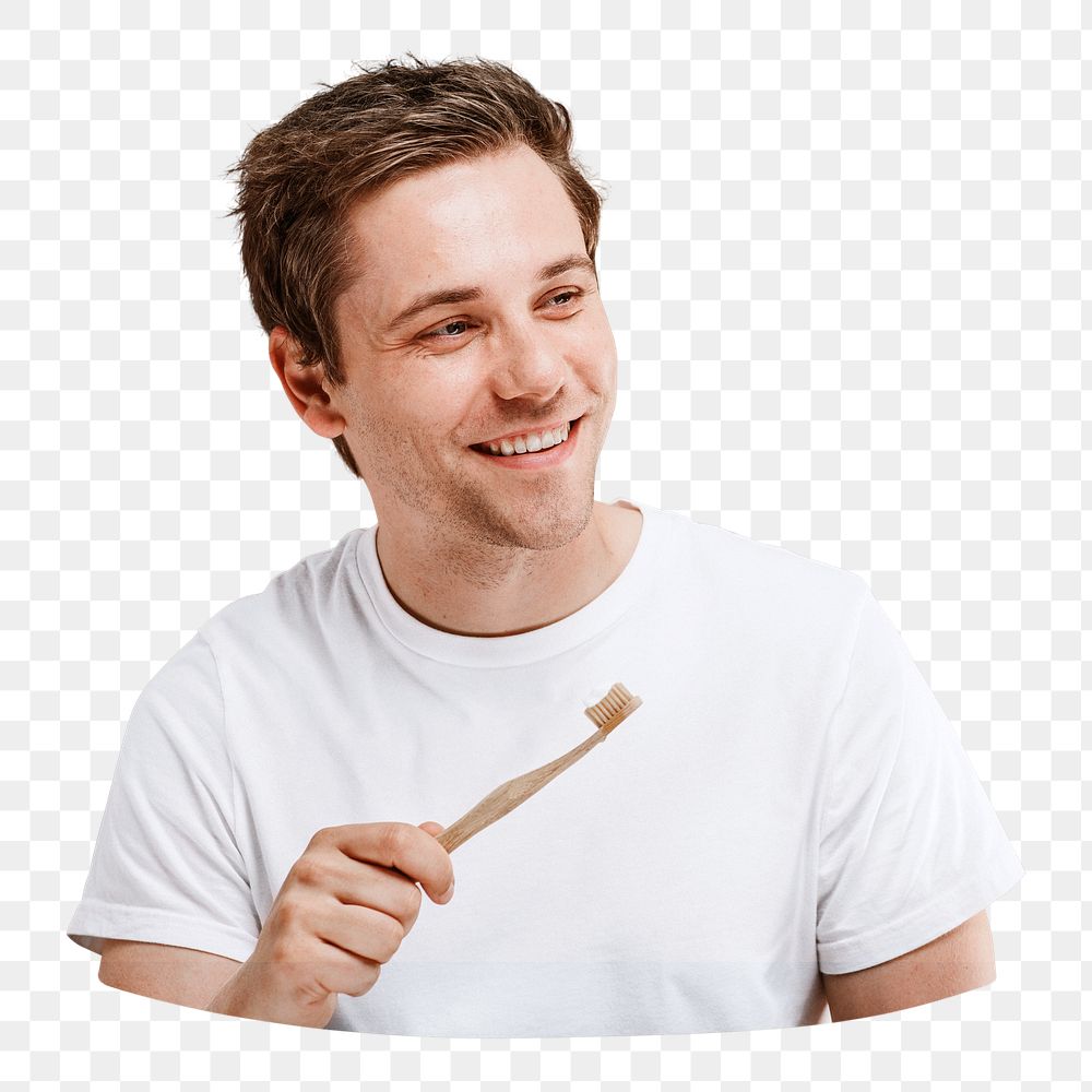 PNG Man holding a wooden toothbrush, collage element, transparent background