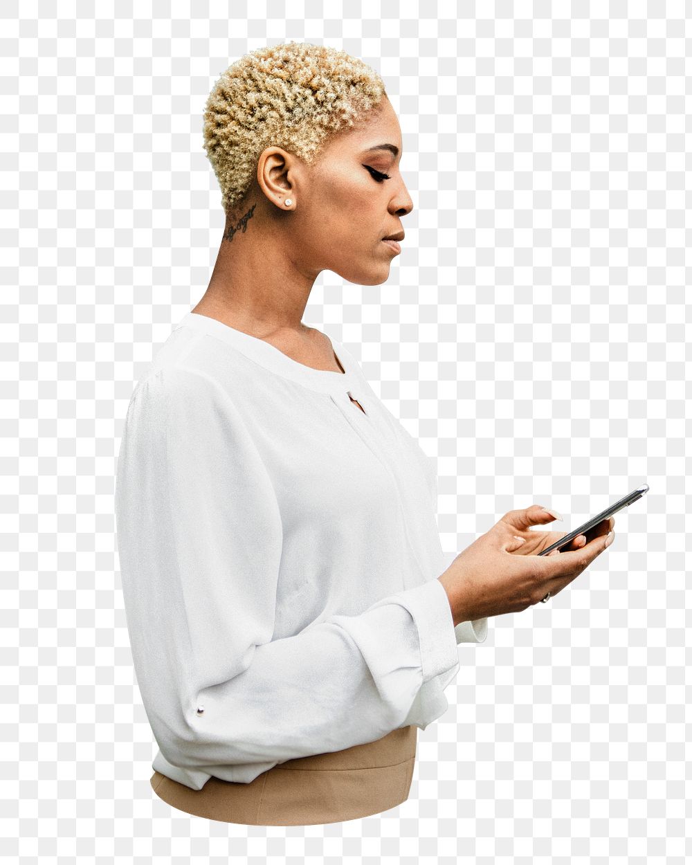 PNG woman using her phone, collage element, transparent background