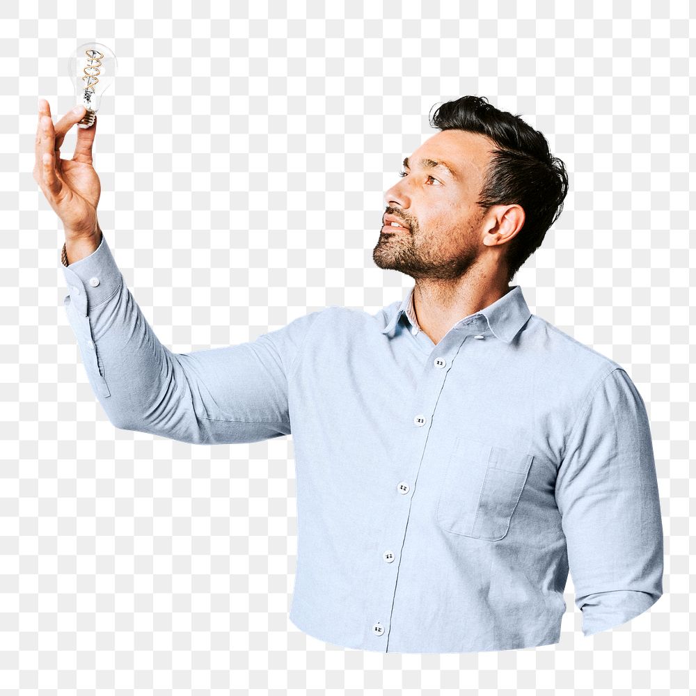 PNG Creative man holding light bulb collage element, transparent background