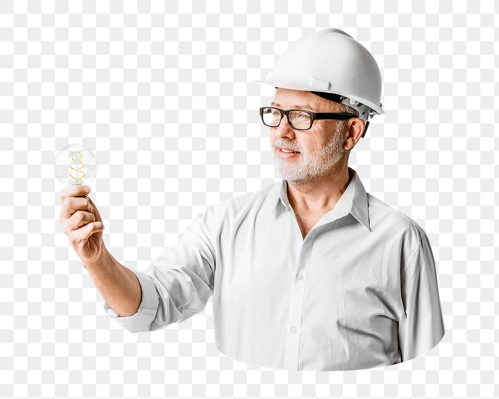 PNG Senior engineer holding light bulb collage element, transparent background