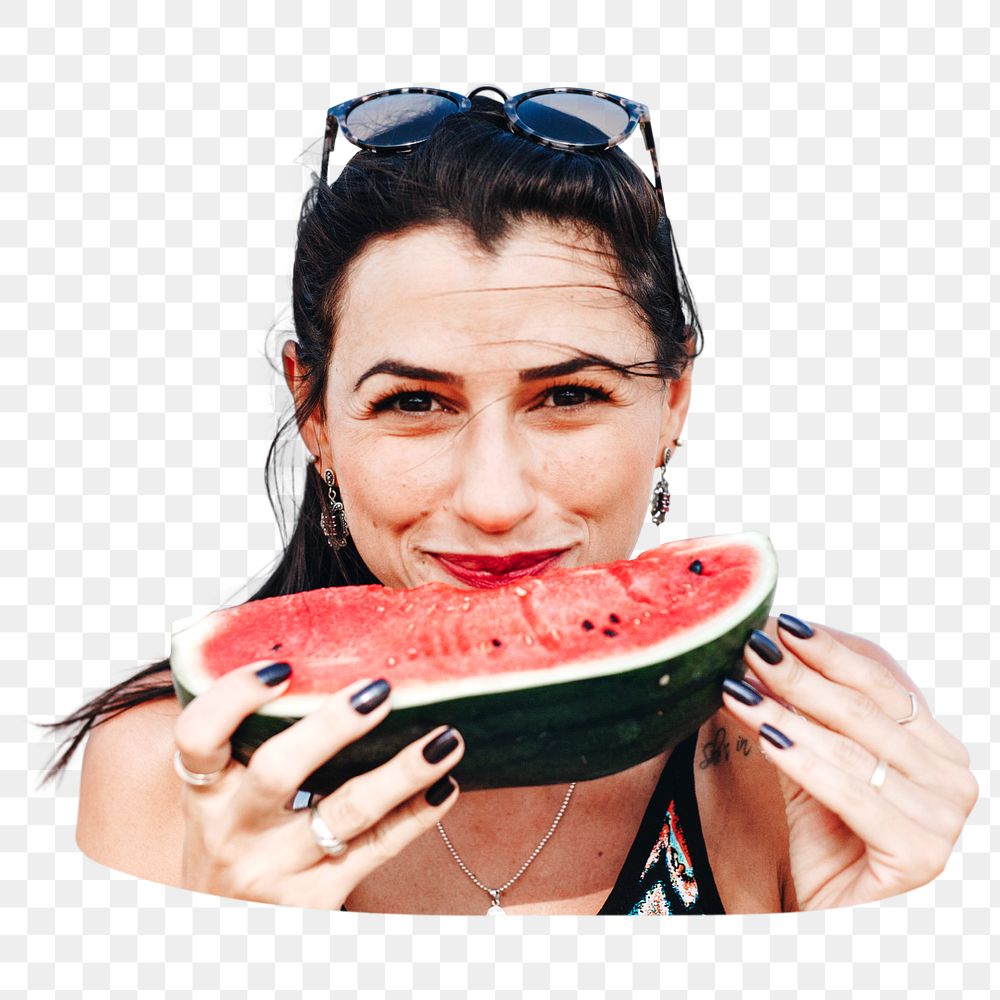 PNG Woman eating watermelon, collage element, transparent background