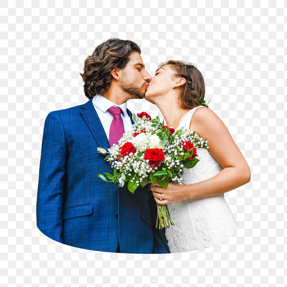 Newly wed couple kissing png, transparent background