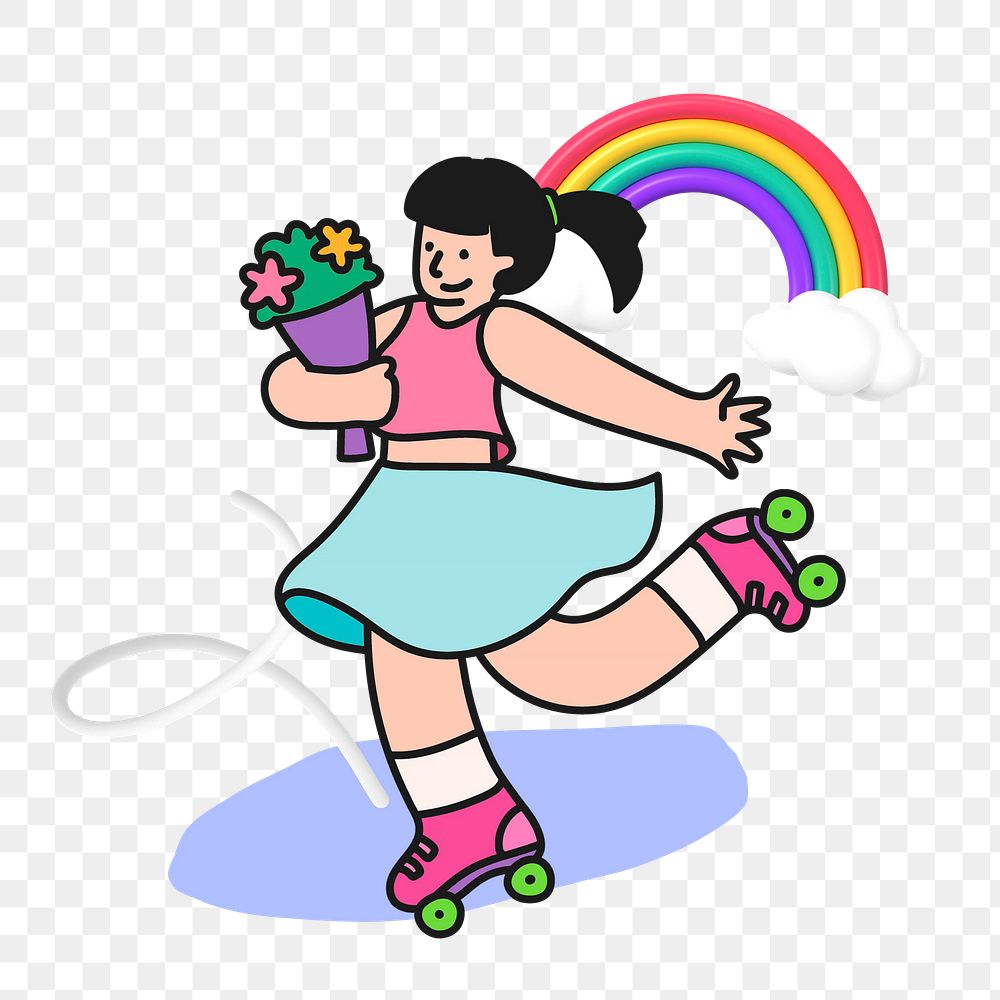 Doodle woman rollerblading png, transparent background