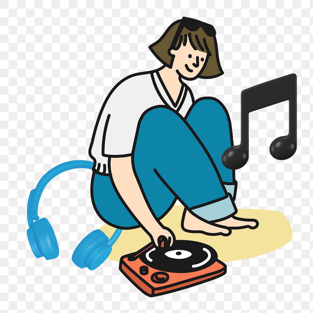 Doodle listening to music png, transparent background