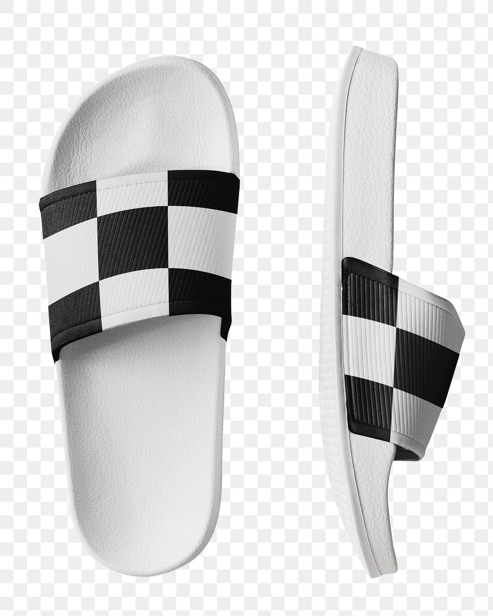 Checkered slide png sandals, black and white, transparent background