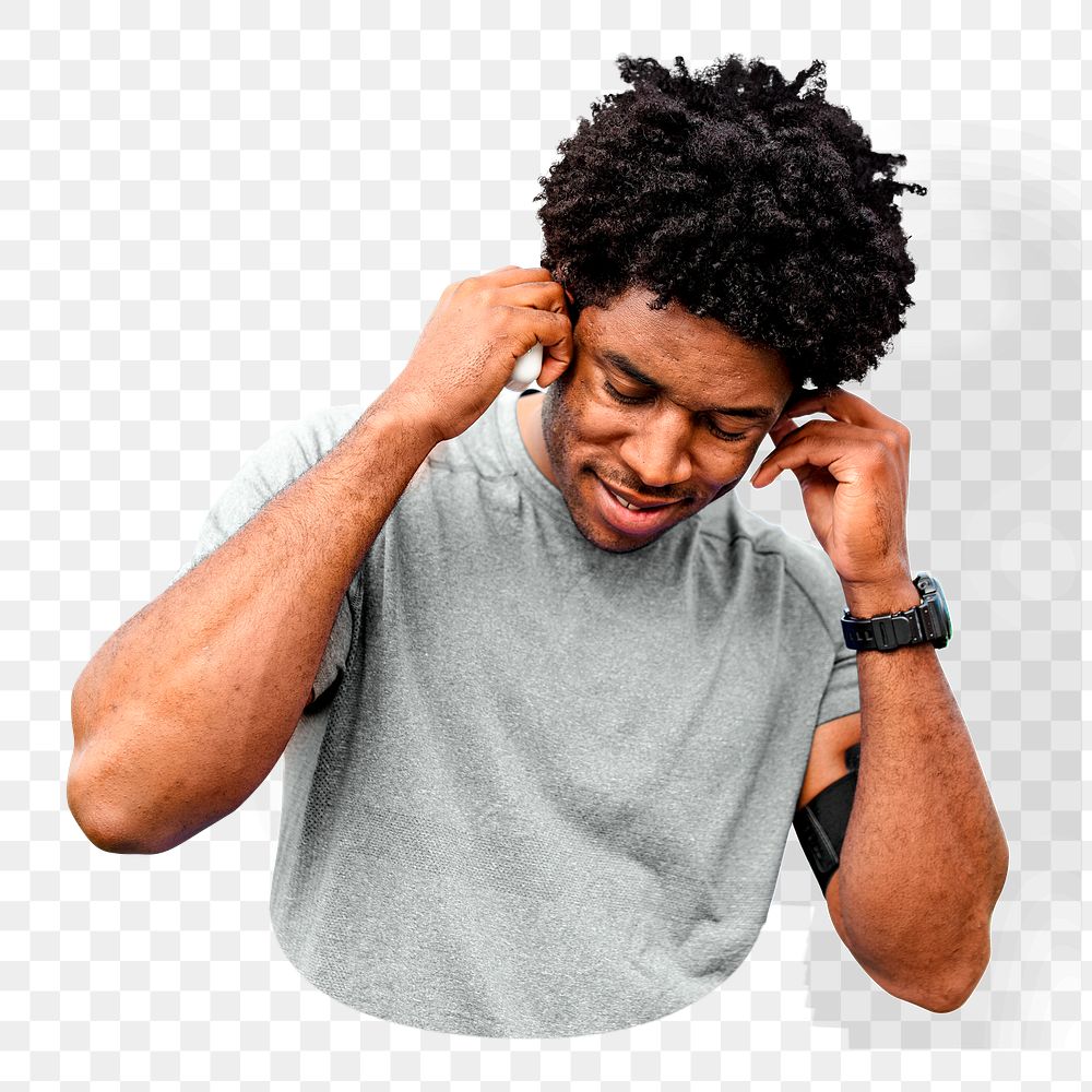 PNG Man putting on earbuds collage element, transparent background