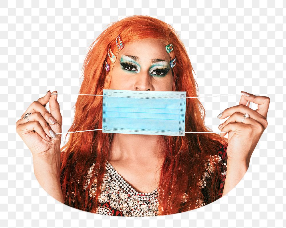 PNG Drag queen holding blue face mask collage element, transparent background