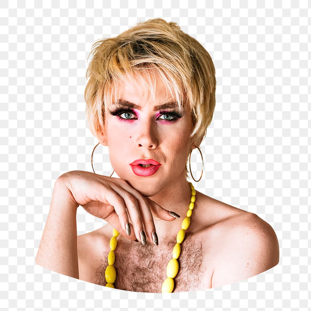 PNG Blond drag queen, wearing makeup portrait, transparent background