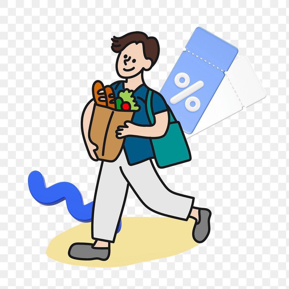 Doodle man grocery shopping png, transparent background