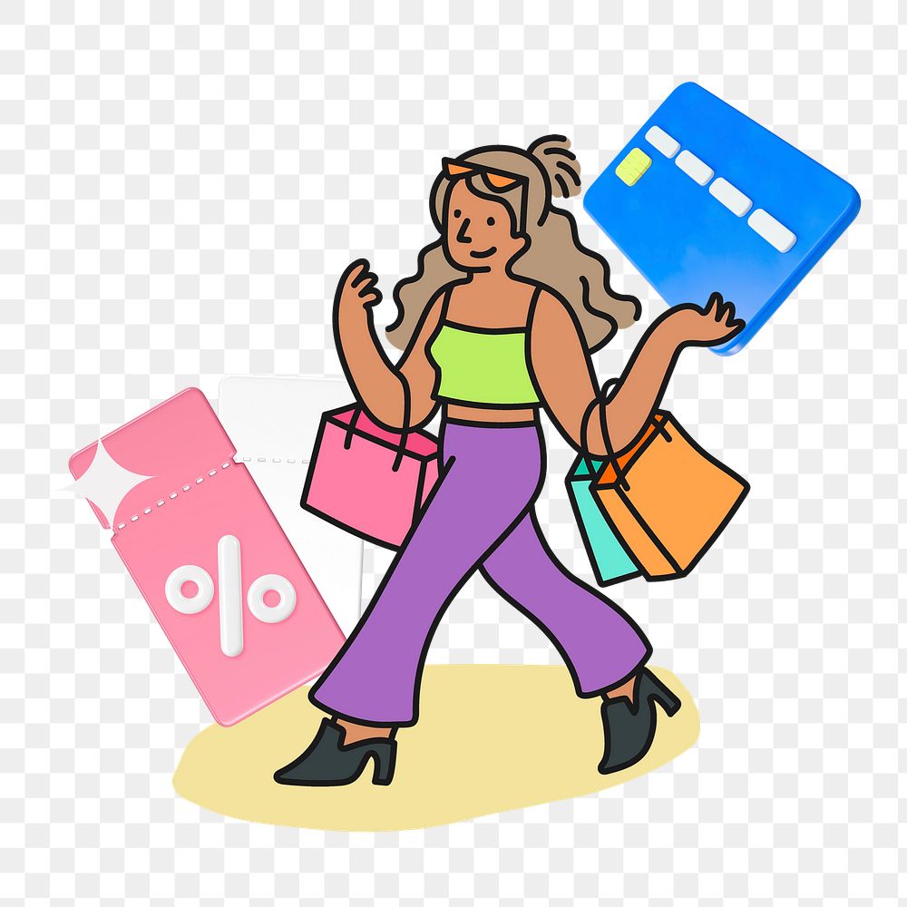Doodle woman shopping discount png, transparent background