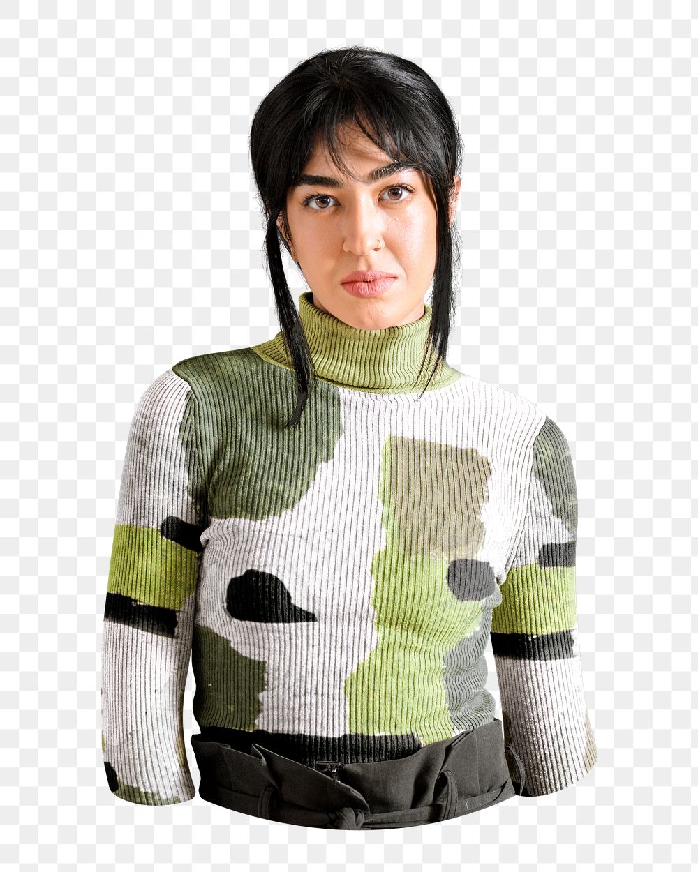 PNG woman wearing patterned turtleneck sweater, collage element, transparent background