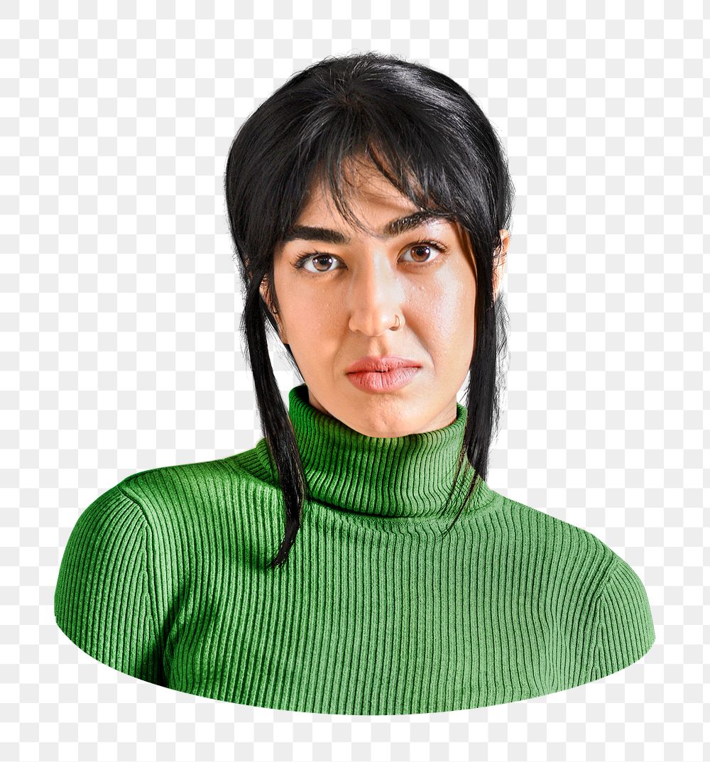 PNG Woman wearing green turtleneck sweater, collage element, transparent background